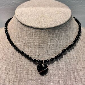 NWOT 14K Gold Clasp Black Onyx &Black Coral Heart Pendant Beaded Necklace 14.5"